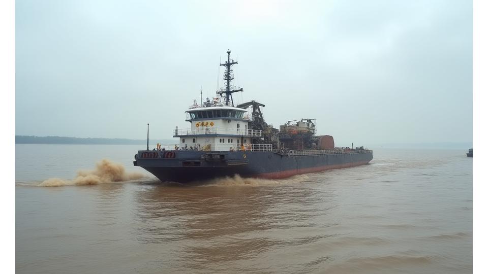 Large dredging vessel at work in a river