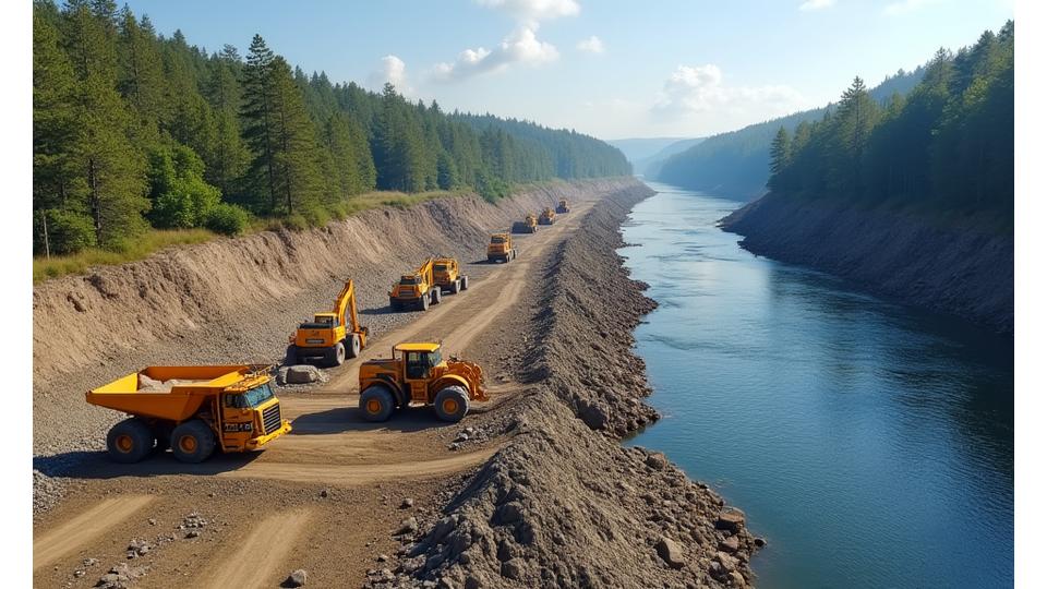 River embankment construction in progress