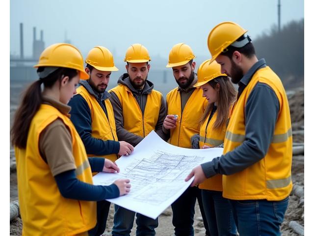 Engineers reviewing blueprints on a large construction site