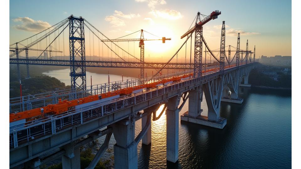 Construction of a modern bridge over a river