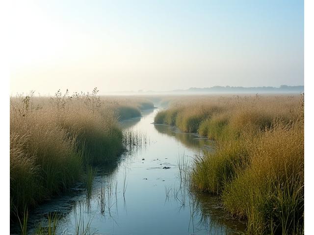 Panoramic view of a restored delta wetland with flourishing flora and fauna