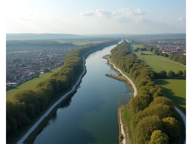 Aerial view of River Ouse Flood Alleviation Scheme with new embankments