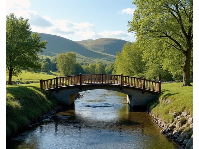 Newly constructed scenic footbridge over a river in a rural setting