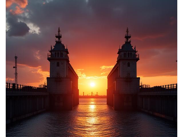 A large tidal barrier structure with gates open against a sunrise